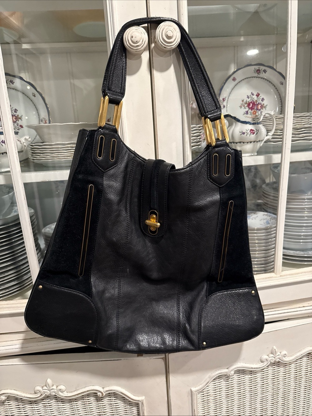 Jill Stuart Black Pebbled Leather & Suede Shoulder Handbag/Purse
